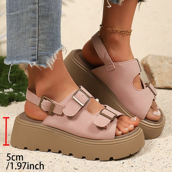 Norvail Womens Thick Platform Sandals with Adjustable Double Strap, Soft Footbed with Back Strap, Arch Support Summer Beach Slip On Leather Flat Sandals, Walking Sandals for Women With Arch