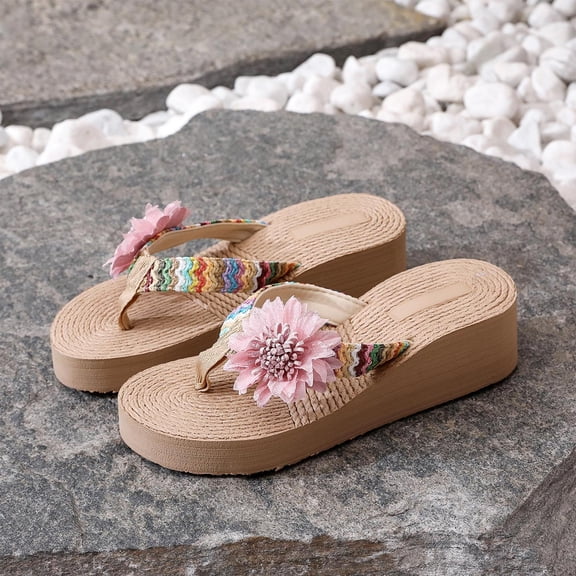 Norvail Womes Flower Flip Flops Beach High Heels Clip Feet Imitation Hemp Rope Hemp Bottom Slippers, Wide Foot Sandals For Women Dressy, Lightweight Bohemian Wedge Thong Design