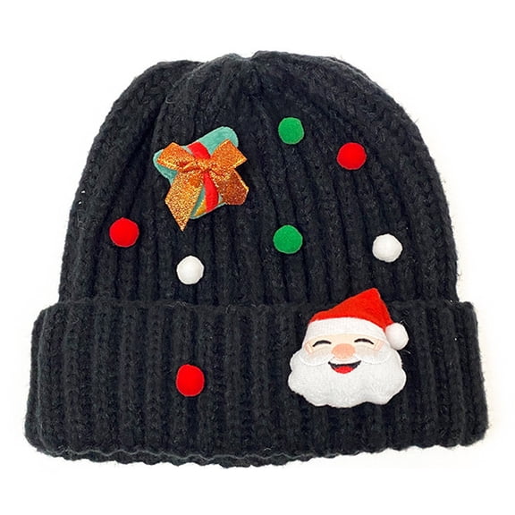 Norvella Adult Christmas Cap Santa Face Gift Detail Ribbed Beanie Folded Brim Pull On Stretch Fit Cold Weather Holiday Hat