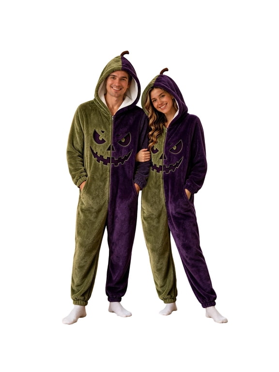 Adult Halloween Jack O Lantern Print Split Color Hooded Jumpsuit Button Closure Long Sleeve Pockets Pajamas