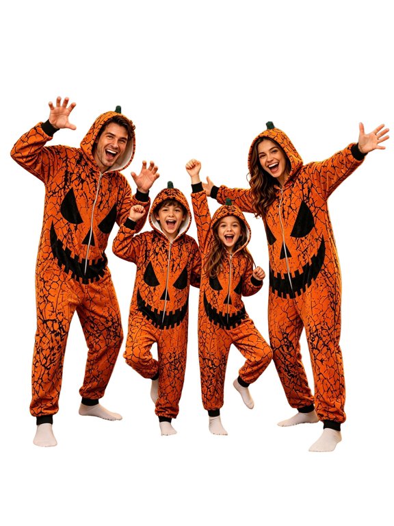 Adults Halloween Pumpkin Jumpsuit Hooded Zip Front Jack O Lantern Print Long Sleeve Full Length Party One Piece Outfit