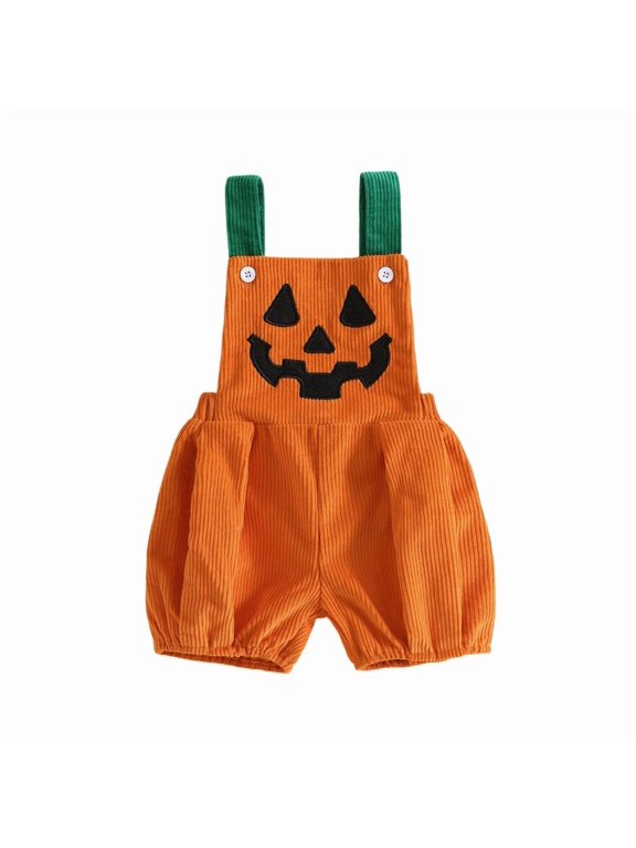 Baby Girls Halloween Overalls Jack O Lantern Design Suspender Romper Button Detail Square Neck Puffy Shorts One Piece Outfit