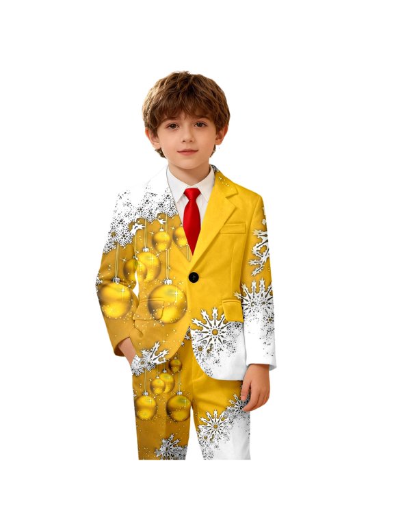 Boys Christmas Suit Jacket Ornament Snowflake Edge Print Long Sleeve Blazer Notched Collar One Button Holiday Party Coat