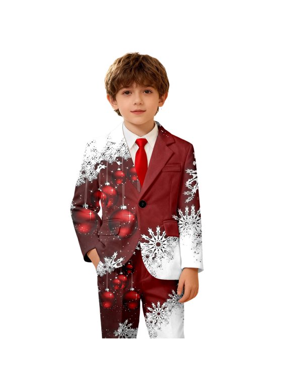 Boys Christmas Suit Jacket Ornament Snowflake Edge Print Long Sleeve Blazer Notched Collar One Button Holiday Party Coat