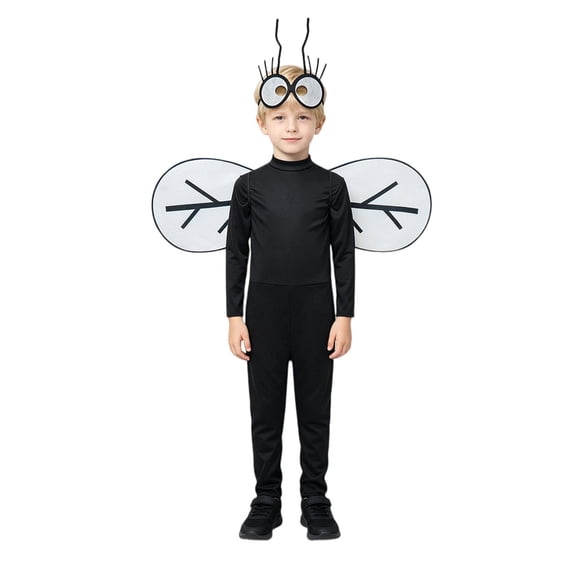 Norvella Boys Halloween Outfit Fly Bug 3 Piece Wings Eye Antenna Headband Neck Long Sleeve Full Length Fitted Jumpsuit
