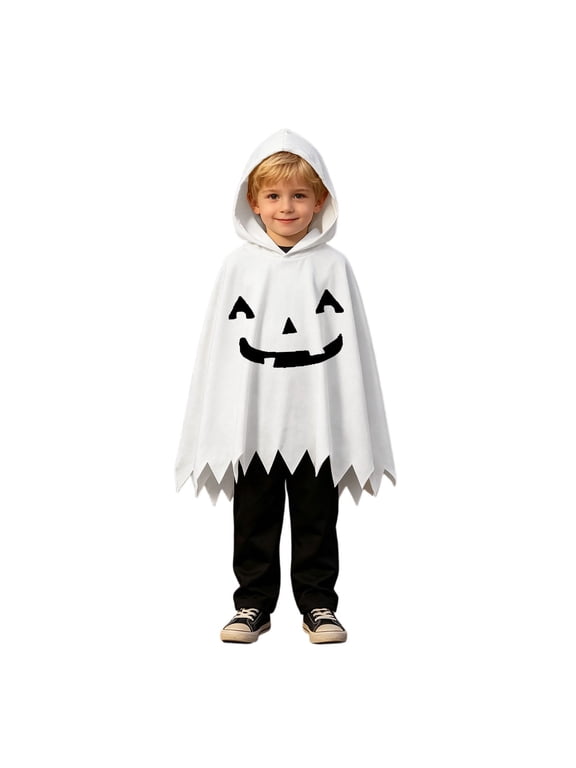 Boys Halloween Outfit Jack O Lantern Graphic 2 Piece Poncho With Hood Zigzag Hem Loose Cape Full Length Pants Costume Set