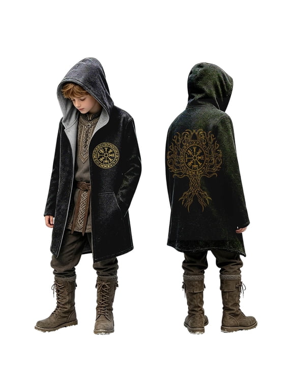 Boys Tree Root Graphic Coat Hooded Long Sleeve Open Front Jacket Mid Length Spring Fall Casual Layering Top
