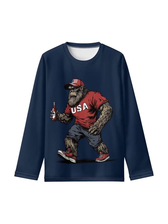 Boys USA Eagle T Shirt Patriotic Graphic Crew Neck Long Sleeve Regular Fit Casual Tee Fourth Of July Pullover Top