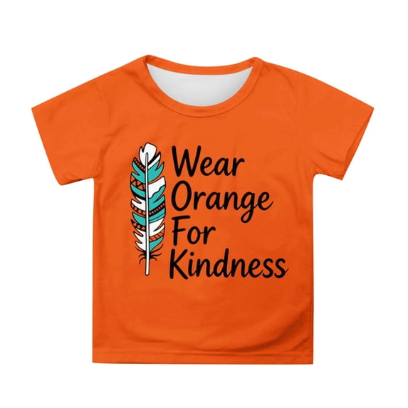 Norvella Boys Wear Orange For Kindness T Shirt Feather Letter Graphic Crew Neck Short Sleeve Regular Fit Casual Tee Awareness Top