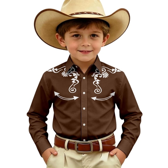 Norvella Boys Western Button Down Shirt Floral Vine And Arrow Print Collared Long Sleeve Regular Fit Cowboy Rodeo Dress Up Top