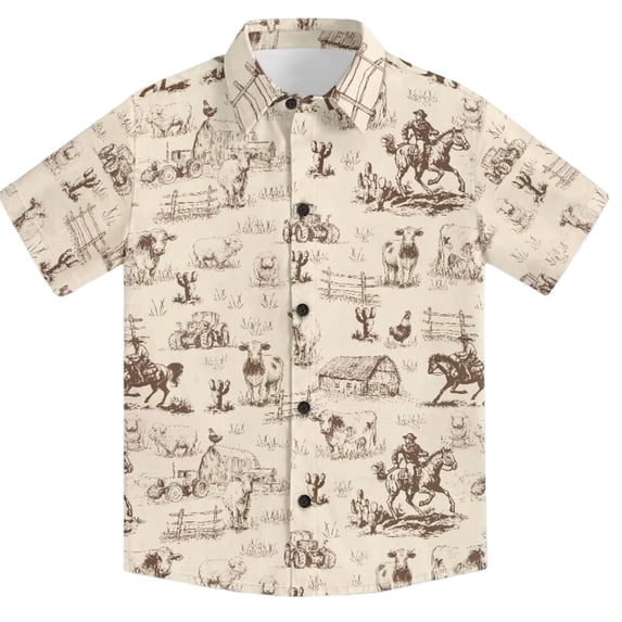 Norvella Boys Western Print Button Down Shirt Collared Short Sleeve Cowboy Graphic Casual Vacation Summer Top