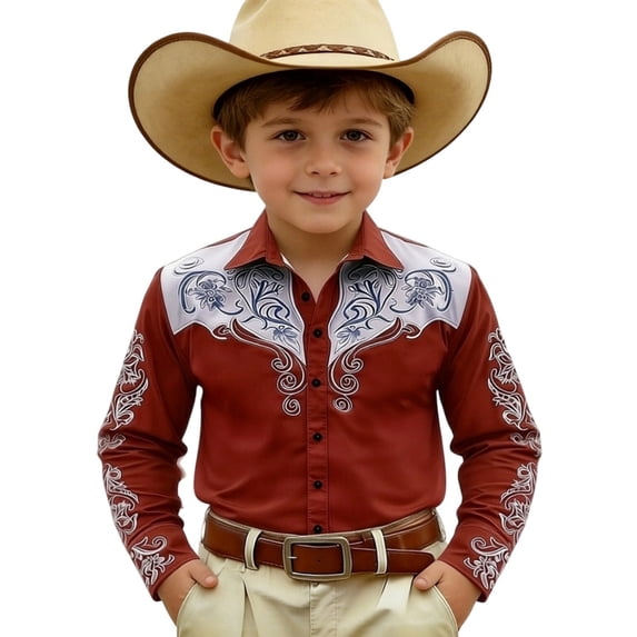 Norvella Boys Western Shirt Floral Scroll Graphic Long Sleeve Button Front Collared Contrast Shoulder Panel Country Cowboy Dress Top