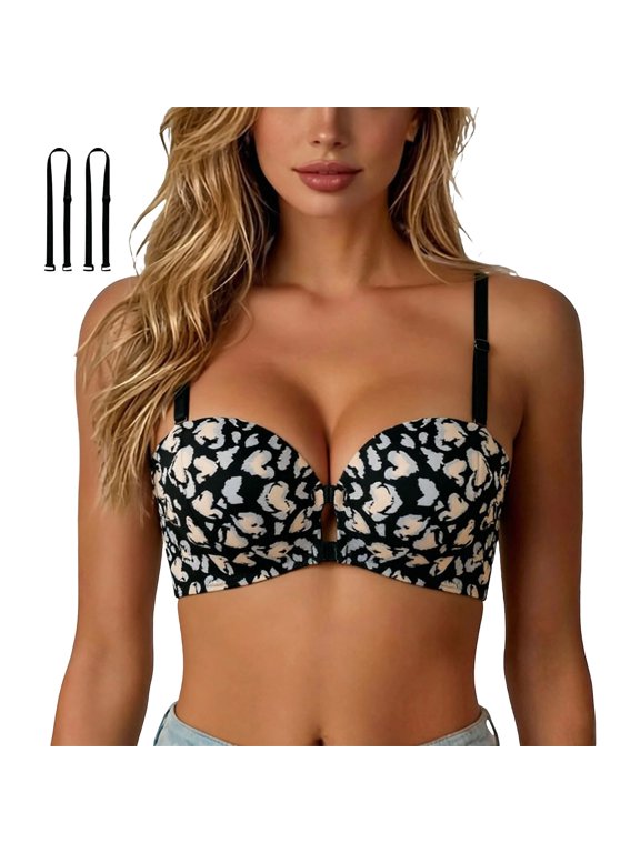 Cheetah Print Bra For Womens Leopard Print Detachable Straps Double Front Clasp Contoured Cups Wide Band Lingerie Top