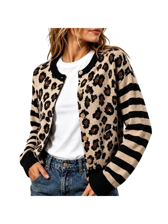 Cheetah Print Cardigan for Womens Leopard Pattern Crew Neck Long Sleeve Sweater Striped Arms Button Front Casual Jacket