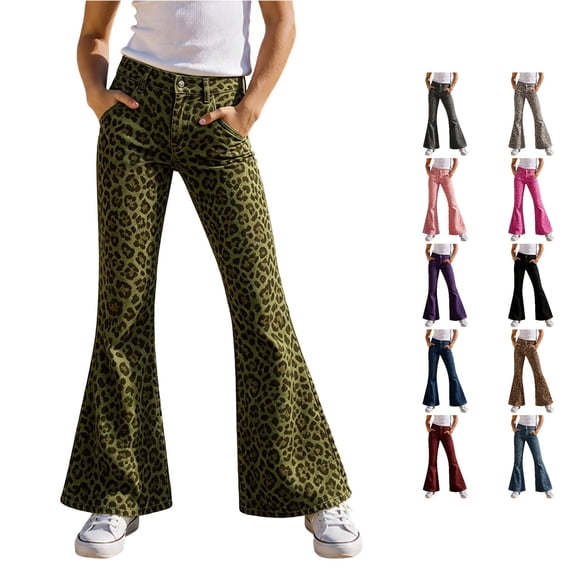 Norvella Cheetah Print Flare Jeans For Girls Leopard Print Denim Pants High Waisted Full Length Flare Leg With Pockets Bottoms