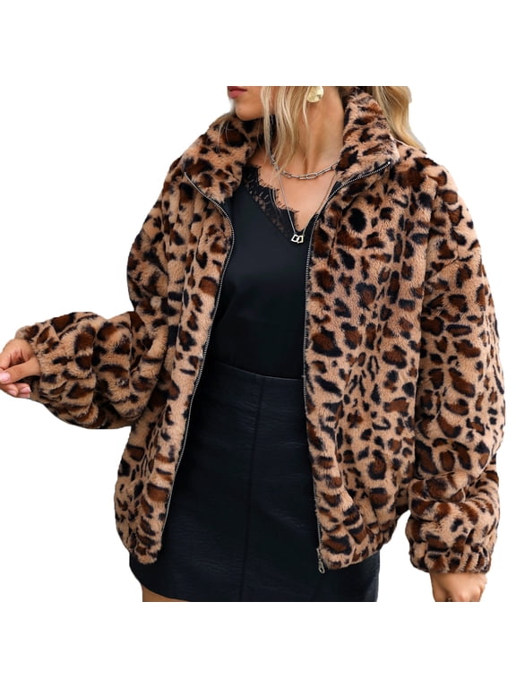 Cheetah Print Jackets For Women Leopard Print Sweatshirts Stand Collar Zip Up Long Puff Sleeve Relaxed Fit Coats