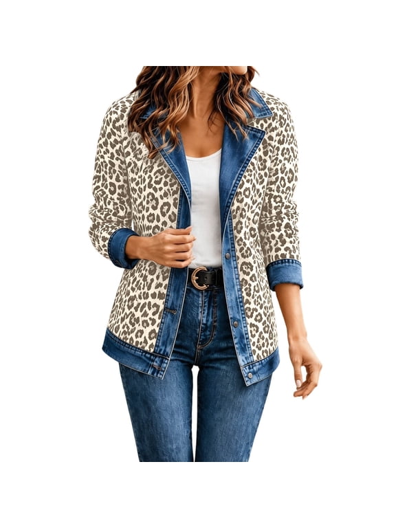 Cheetah Print Jackets For Womens Leopard Print Contrast Collar Long Sleeve Button Front Cardigan Relaxed Fit Casual Coat
