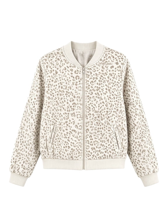 Cheetah Print Jackets For Womens Leopard Print Stand Collar Long Sleeve Drop Shoulder Ribbed Trim Relaxed Bomber Coat