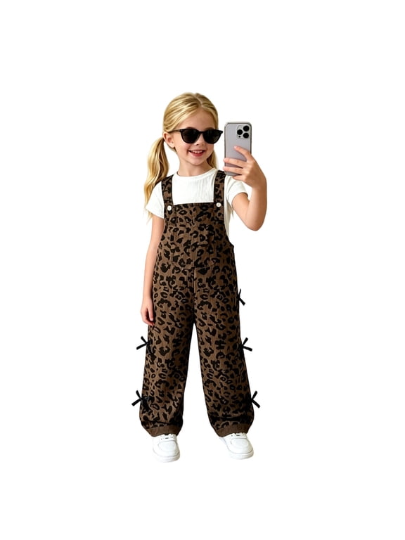 Cheetah Print Overalls For Girls Leopard Print Square Bib Button Straps Side Bow Detail Wide Leg Pants Casual Jumpsuit