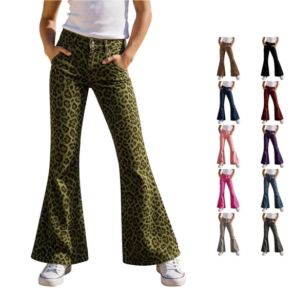 Norvella Cheetah Print Pants For Girls Leopard Print Elastic Waist Flare Leg Full Length Stretchy Slim Fit Trousers Casual Bottoms