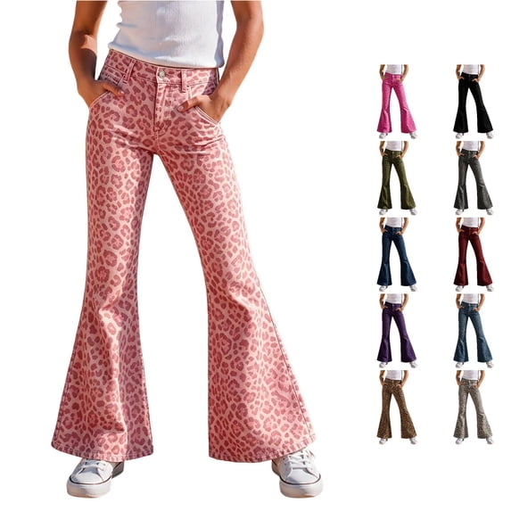 Norvella Cheetah Print Pants For Girls Leopard Print Elastic Waist Flare Leg Full Length Stretchy Slim Fit Trousers Casual Bottoms