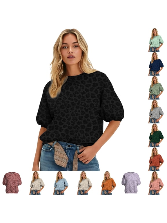 Cheetah Print Sweatshirts For Womens Leopard Print Crew Neck Short Puff Sleeve Relaxed Fit Casual Pullover Everyday Summer Top