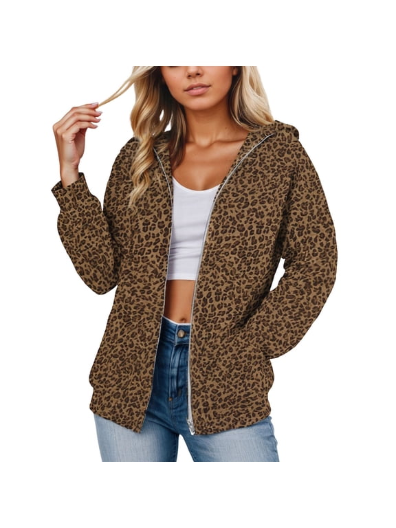 Cheetah Print Zip Up Hoodies For Womens Leopard Print Long Sleeve Hooded Sweatshirt Front Pockets Relaxed Fit Ribbed Cuffs Full Zip Jacket