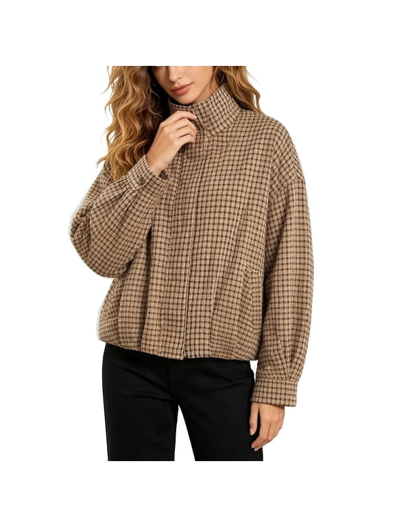 Gingham Jacket For Women Zip Front Stand Collar Long Sleeve Bomber Coat Side Pockets Elastic Hem Casual Layering Top