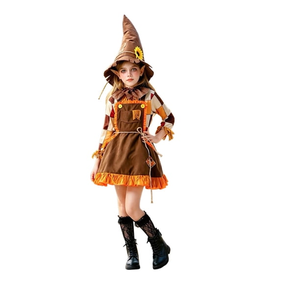 Norvella Girls Halloween 5 Piece Costume Set Scarecrow Dress With Hat Neck Accessory Waist Tie And Hat Cord Farm Dress Up Outfit