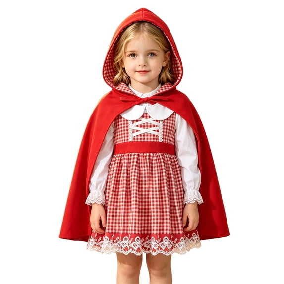 Norvella Girls Halloween Gingham Dress Criss Cross Front Long Sleeve Peter Pan Collar Lace 2 Piece Hooded Cape Fairytale Outfit