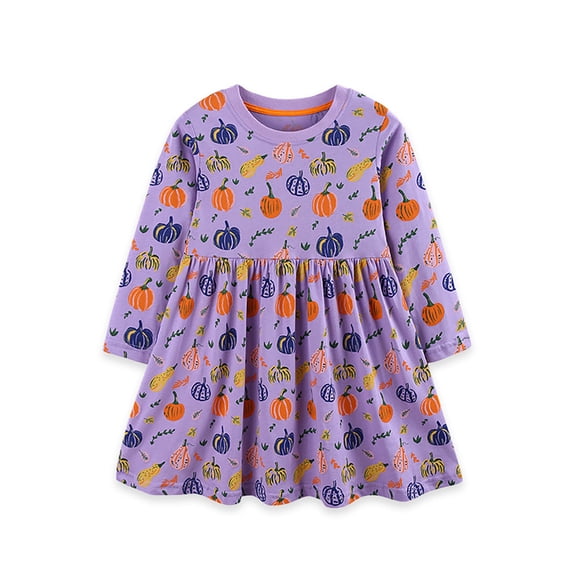 Norvella Girls Halloween Dress Pumpkin Print Crew Neck Long Sleeve Gathered Waist A Line Silhouette Casual Party Costume Fall Outfit