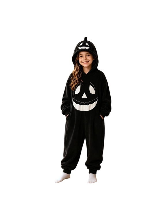 Girls Halloween Onesie Jack O Lantern Graphic Stem Hood Jumpsuit Long Sleeve Drop Shoulder Pockets Outfit