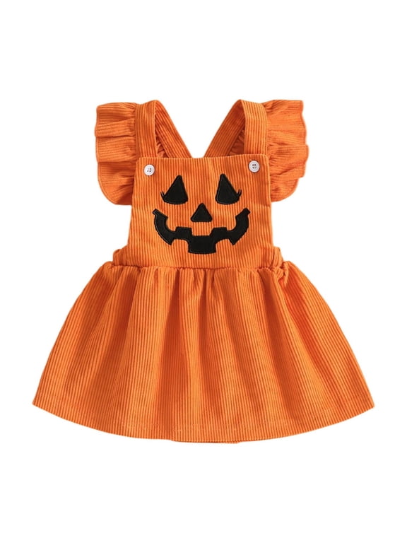 Girls Halloween Pinafore Jack O Lantern Design Square Bib Dress Ruffled Shoulder Straps Button Detail Gathered Skirt Costume