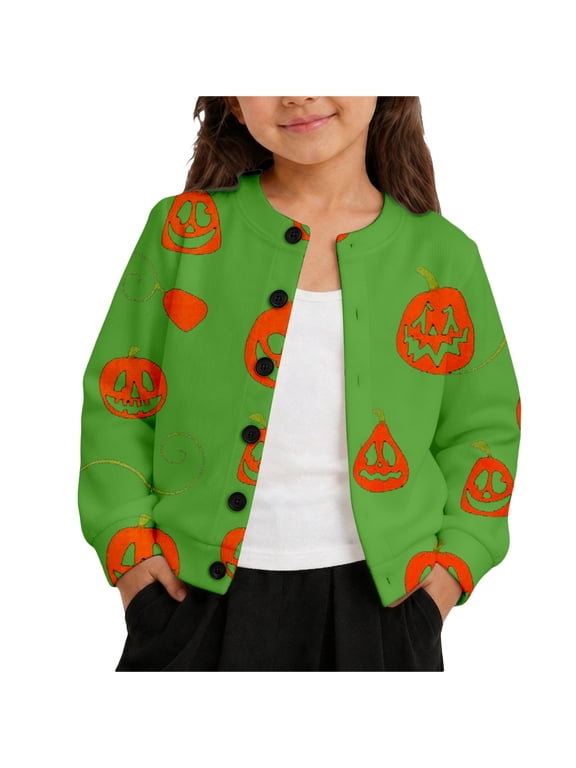 Girls Halloween Sweater Jack O Lantern Vine Graphic Crew Neck Cardigan Long Sleeve Button Closure Banded Cuffs Relaxed Top