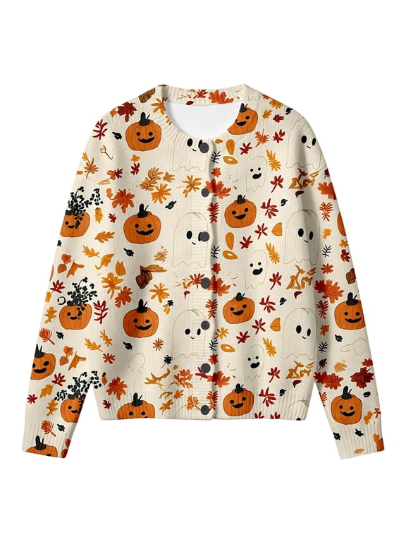 Girls Halloween Sweater Smiling Jack O Lantern Ghost Pattern Cardigan Round Neck Button Closure Long Sleeve Ribbed Cuffs Jacket