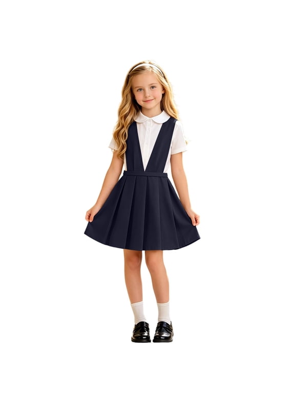 Girls Pleated Pinafore Dress Solid School Jumper Sleeveless Wide Straps Deep V Front Defined Waist Knee Length Outfit