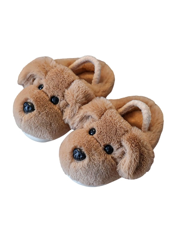 Girls Puppy Slippers Dog Face Floppy Ears Round Closed Toe House Shoes Slip On Flat Bottom Fluffy Animal Indoor Footwear