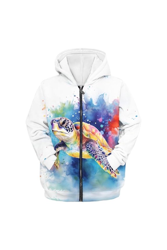 Girls Sea Turtle Print Hoodies Long Sleeve Zip Up Hooded Sweatshirt Kangaroo Pockets Banded Cuffs Casual Jacket