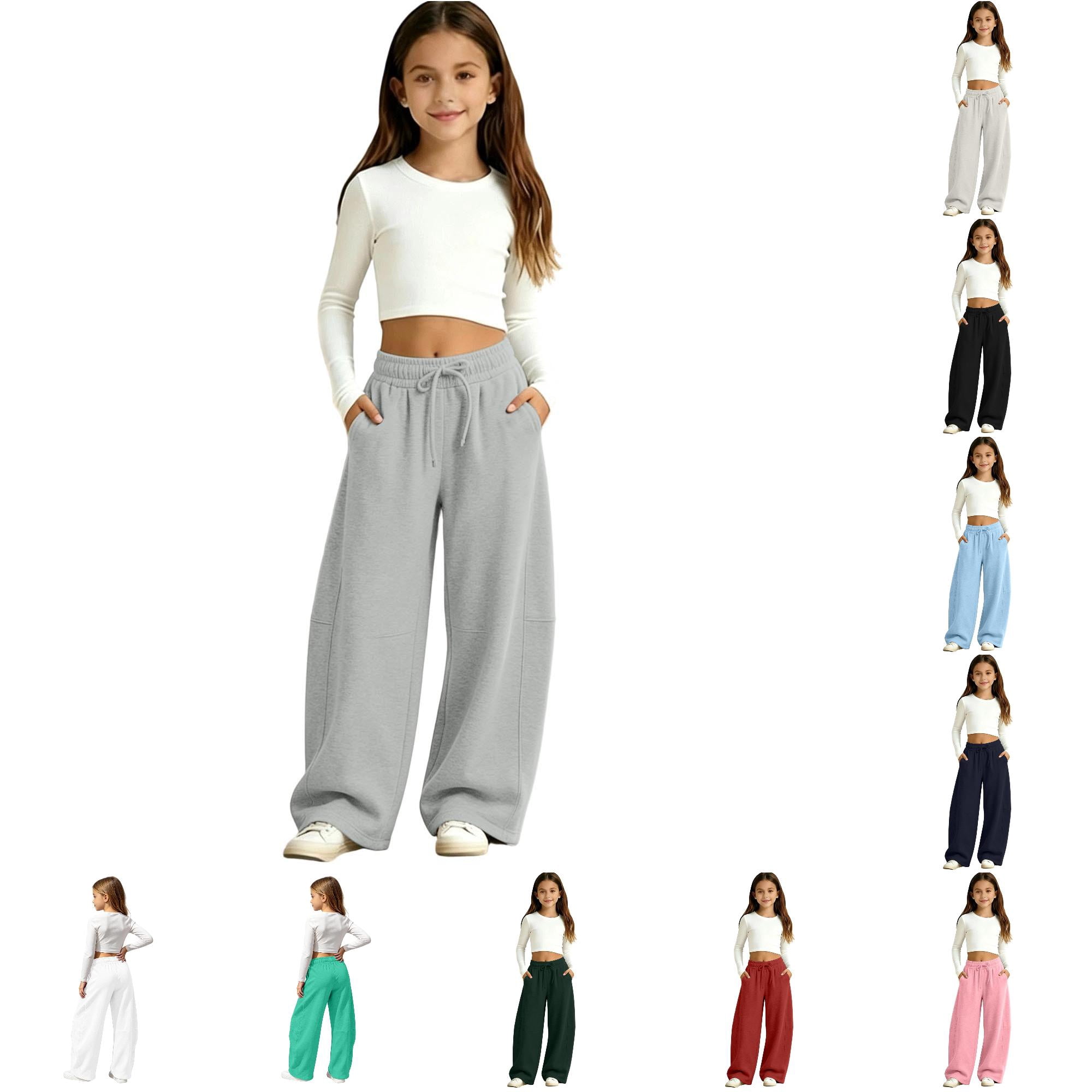 Norvella Girls Solid Color Barrel Pants Elastic Drawstring Waist Curved ...