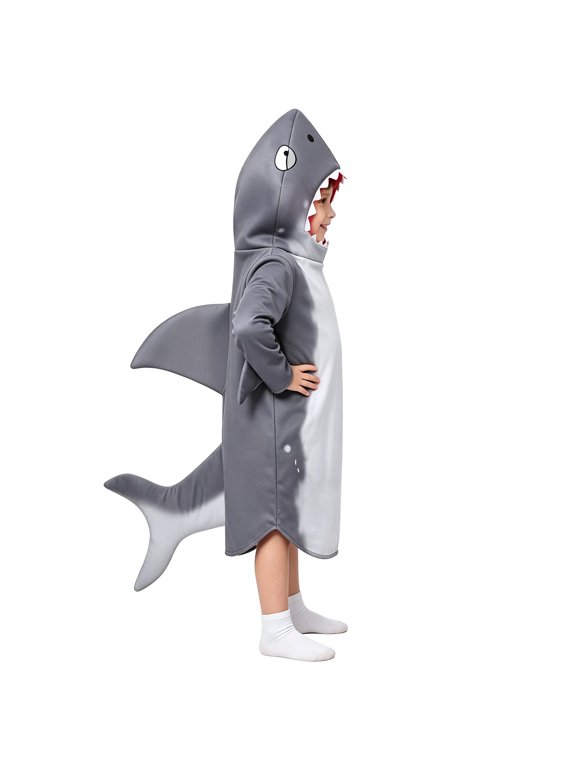 Kids Halloween Outfit Shark Face Hood Teeth Edge Long Sleeve Tunic Dorsal Fin Tail Knee Length Sea Animal Costume