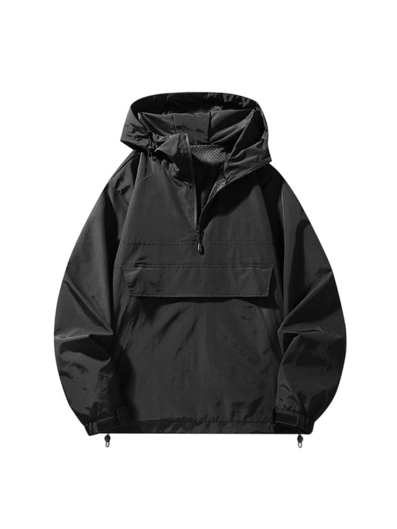 Mens Half Zip Jacket Solid Hooded Anorak Plus Size Long Sleeve Flap Front Pocket Drawcord Hem Relaxed Fit Casual Pullover
