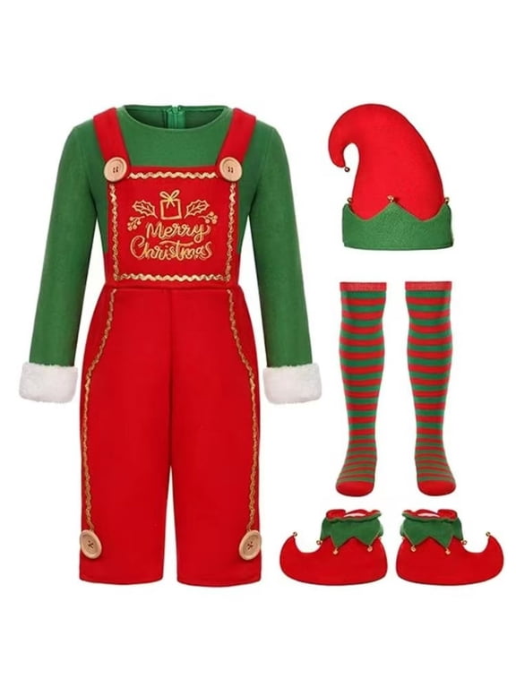 Norvella Mens Christmas Elf Costume 4 Piece Long Sleeve Jumpsuit With Hat Striped Socks Shoe Covers Faux Overall Graphic Holiday Outfit