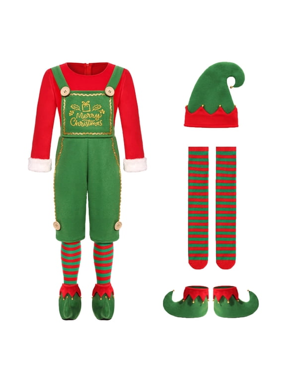 Mens Christmas Elf Outfit 5 Piece Merry Letter Detail Overall Shorts Long Sleeve Shirt Pointed Hat Striped Stockings Set