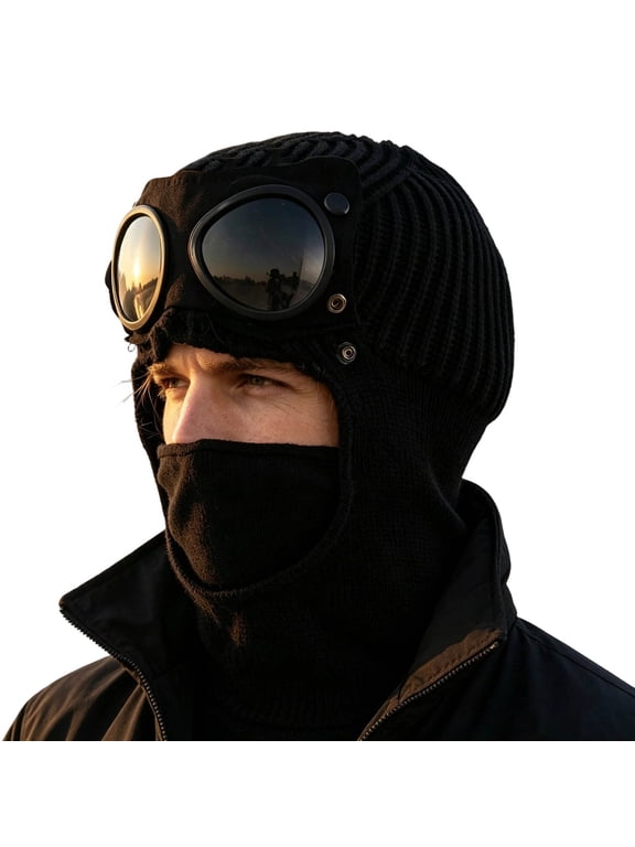 Mens Face Cover Beanie Goggle Detail Ribbed Knit Hat Folded Cuff Pull On Ear Covering Winter Steampunk Headwear