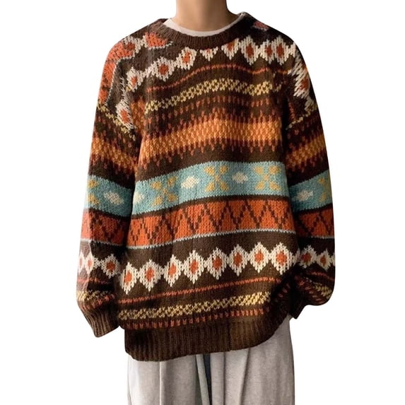Norvella Mens Fair Isle Sweater Geometric Striped Pattern Crew Neck Long Sleeve Drop Shoulder Pullover Ribbed Relaxed Fit Top