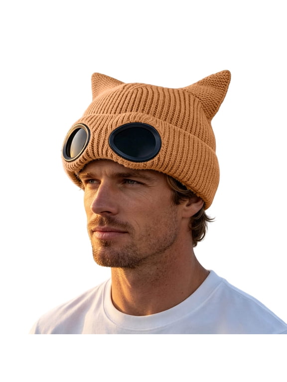 Mens Goggle Beanie Cat Ears Fleece Ribbed Knit Hat Turned Up Cuff Close Fitting Pointed Winter Cosplay Headwear
