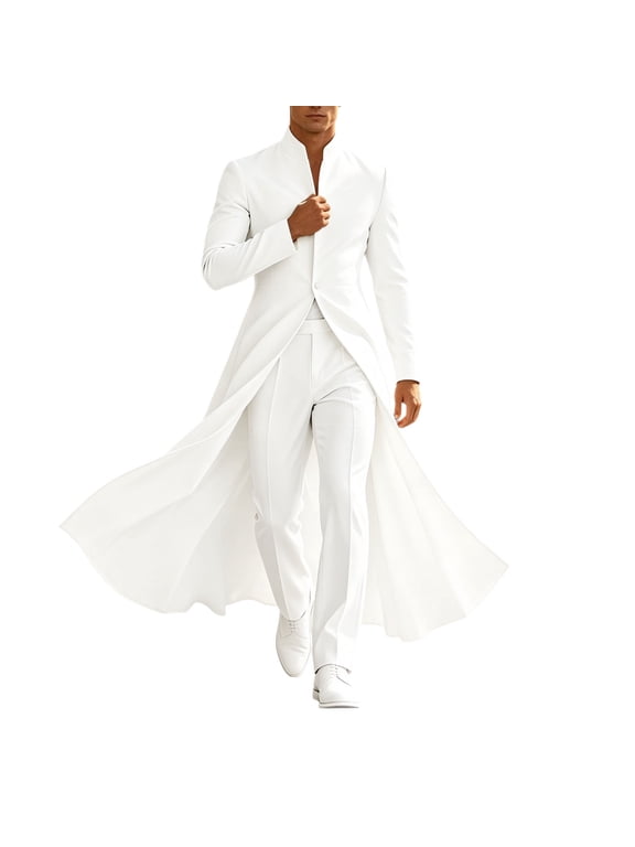 Mens Gothic Coat Solid Stand Collar Long Sleeve Button Front Fitted Waist Flared Hem Full Length Overcoat Formal Tailcoat