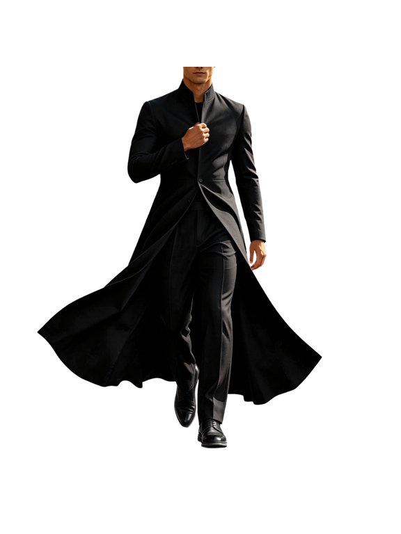 Mens Gothic Coat Solid Stand Collar Long Sleeve Button Front Fitted Waist Flared Hem Full Length Overcoat Formal Tailcoat