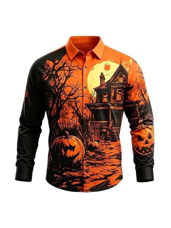Mens Halloween Blouse Jack O Lantern Mansion Graphic Collared Shirt Long Sleeve Button Up Front Bare Branch Pattern Party Top