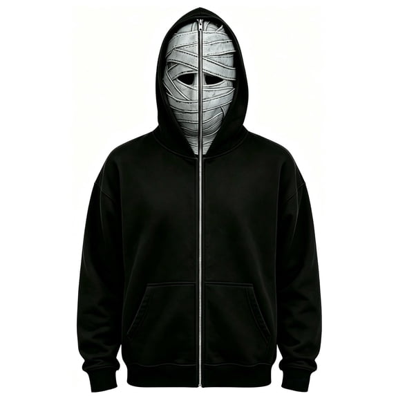 Norvella Mens Halloween Hoodie Mummy Face Mask Full Zip Long Sleeve Sweatshirt With Kangaroo Pocket Ribbed Cuffs Costume Jacket